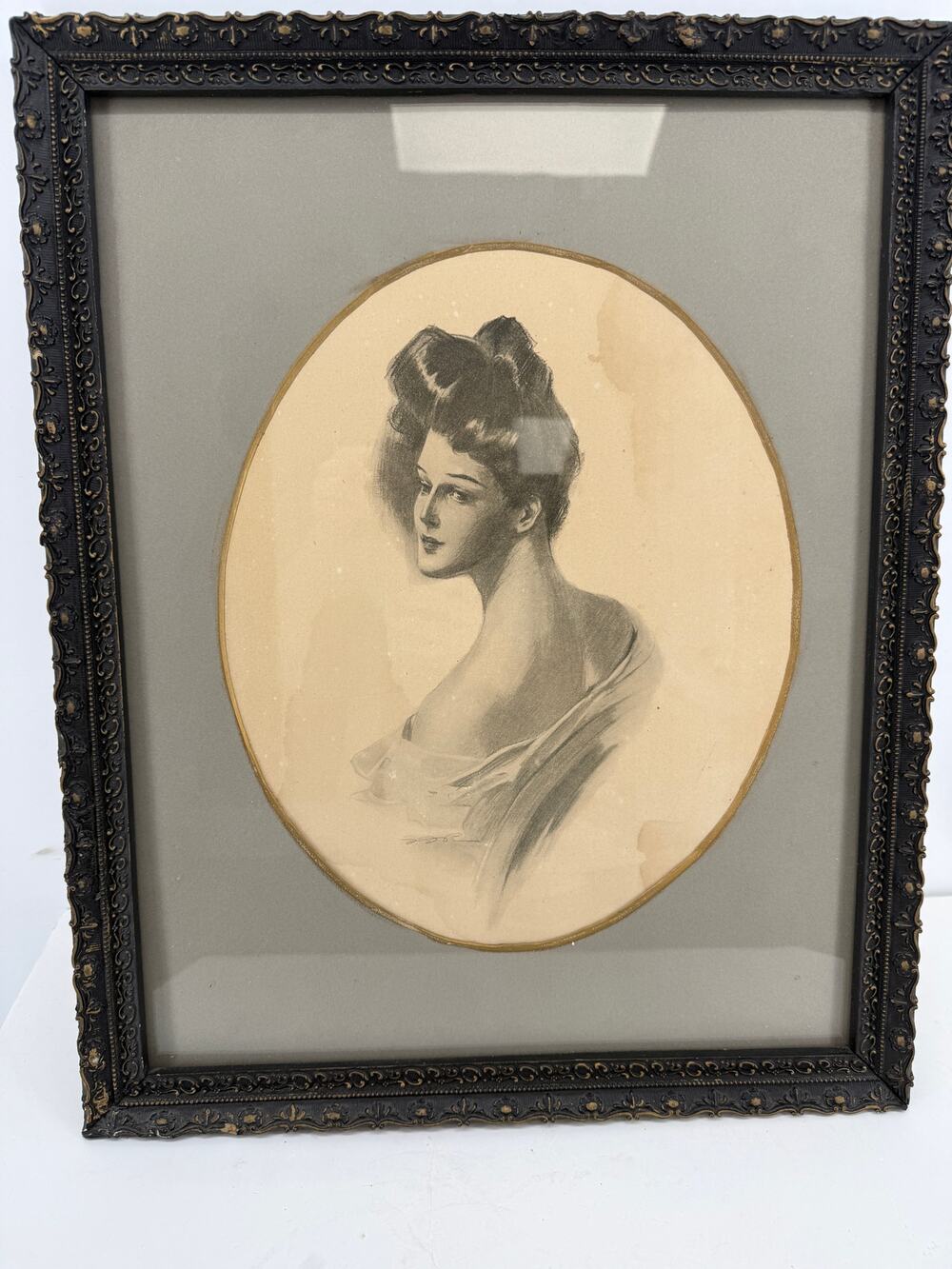 Antique Pencil Drawing Victorian Woman Portrait Ornate Black Gold Frame Art